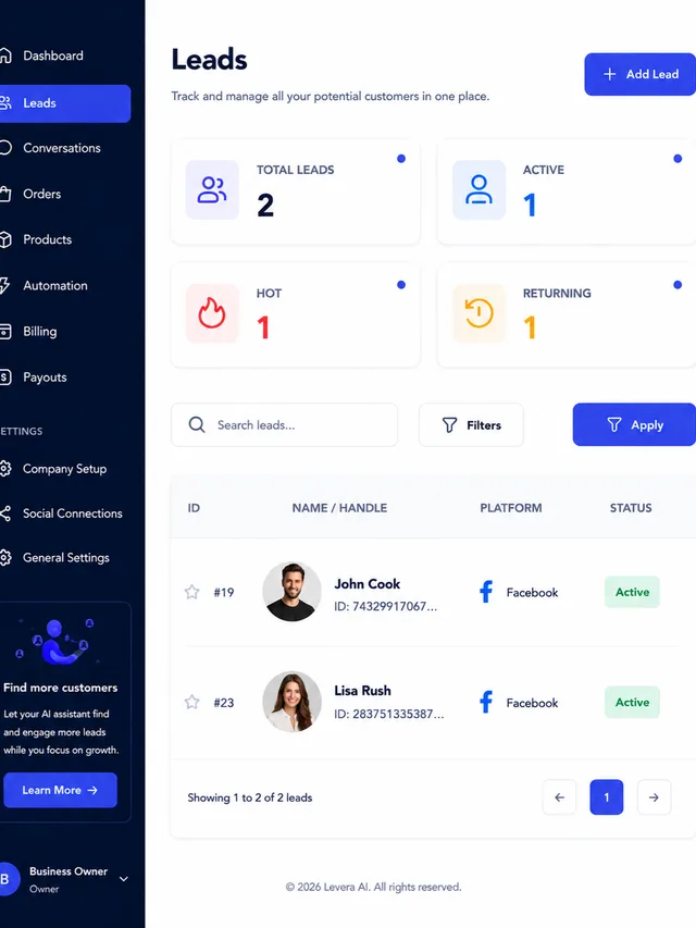 Levera AI dashboard - Leads screen