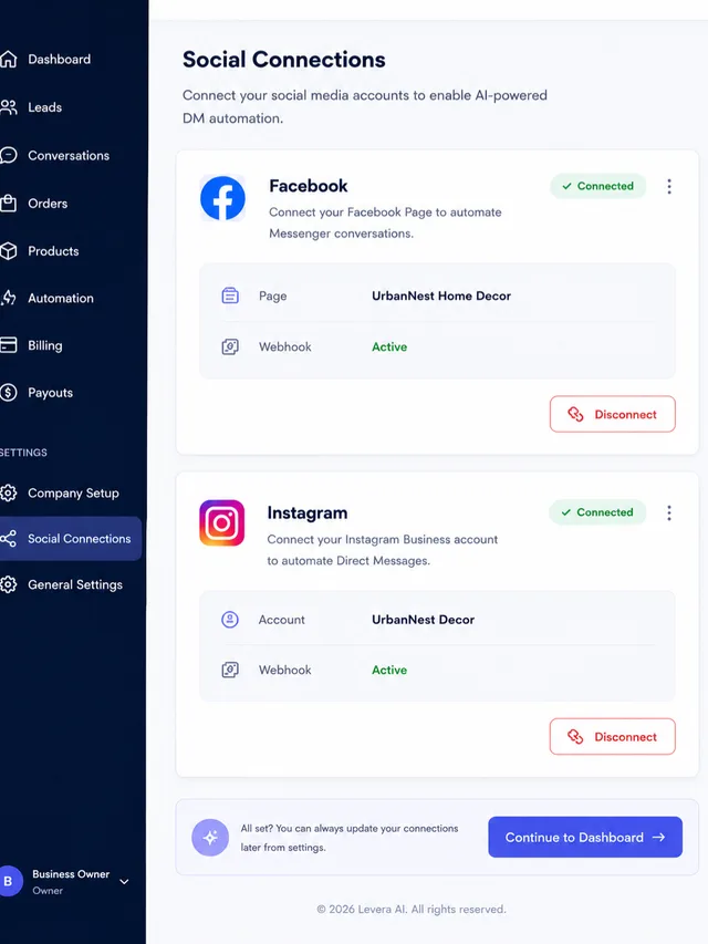 Levera AI dashboard - Social Connections screen